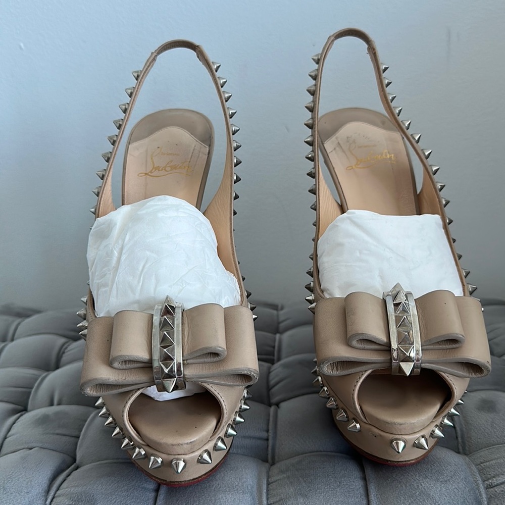 Christian Louboutin Lady Clou 150 Spikes Taupe/Gunmetal Open Toe Heels | 39